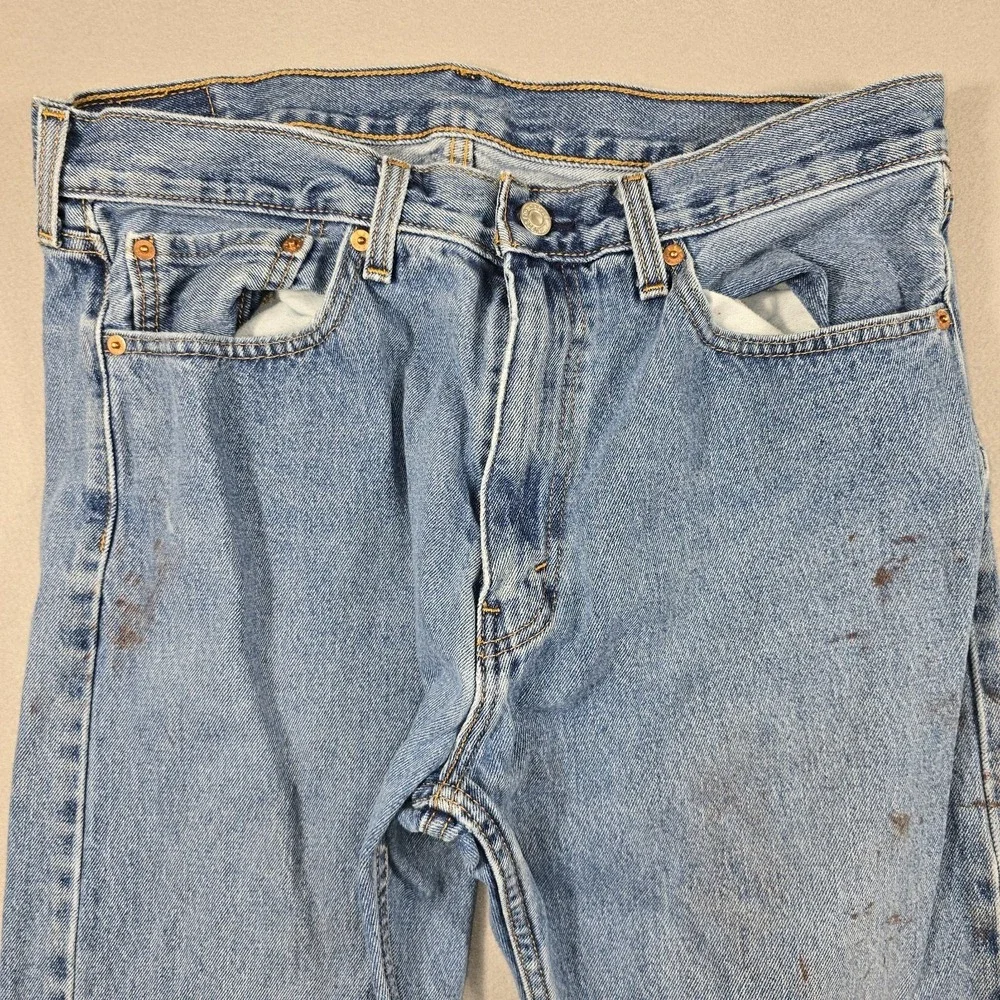 Levi's Mens 36x30 Blue Jeans 505 Regular Fit Straight Leg Distressed Stained